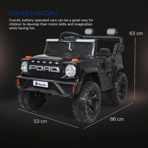 Black toy car with Ford logo and dimensions on a dark background www.usmile.toys_4x4_jeep_for_kids_1_to_6_years_-_Electric_Car_toy_ride_on01