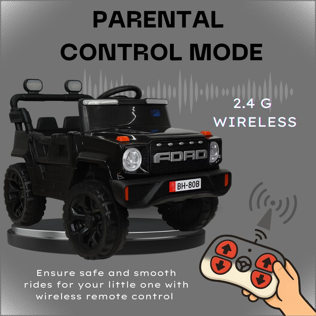 www.usmile.toys_4x4_jeep_for_kids_1_to_6_years_-_Electric_Car_toy_ride_on01 Black toy car with parental control mode and wireless remote control on a gray background