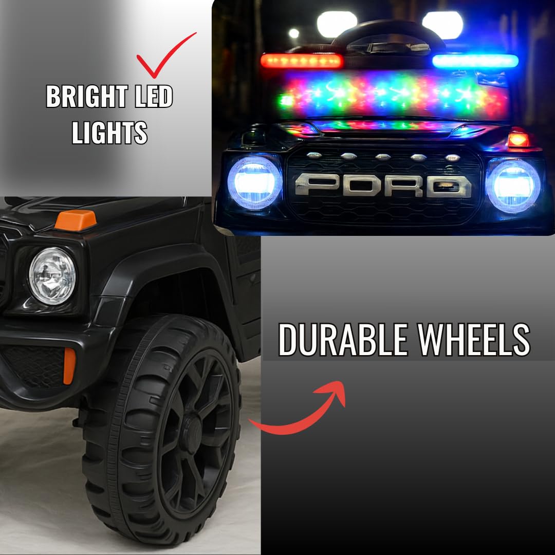 www.usmile.toys_4x4_jeep_for_kids_1_to_6_years_-_Electric_Car_toy_ride_on01 Black toy car with colorful LED lights and durable wheels on a gray background