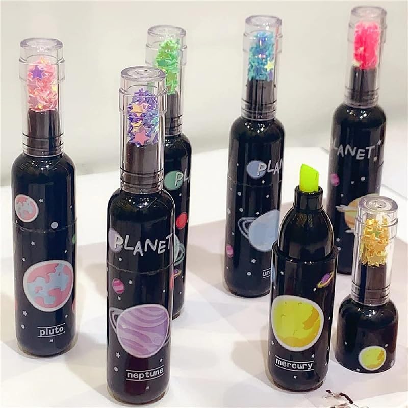 Set of six cute space-themed highlighter pens for kids, shaped like planets in bottles with glitter tops, perfect for school in www.usmile.toys
