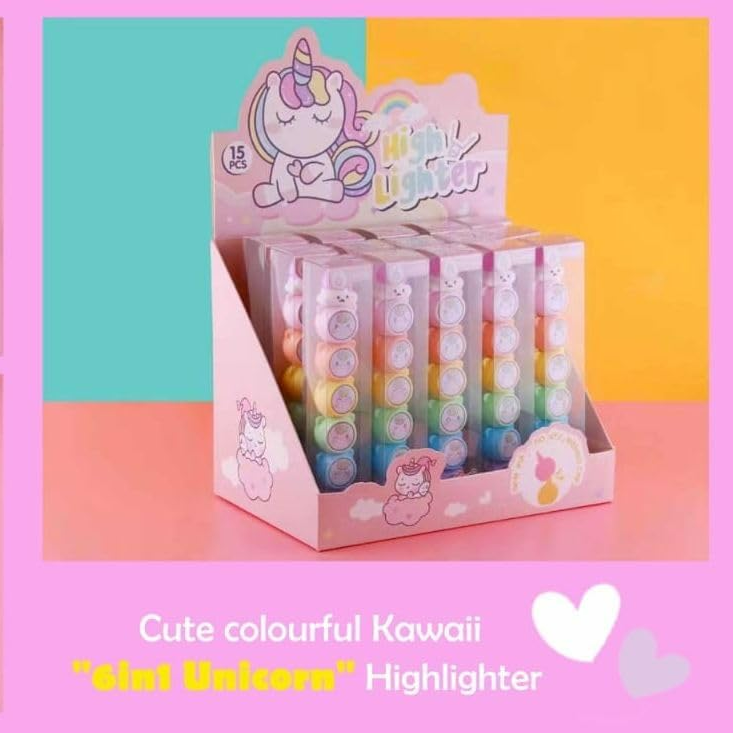 Set of six pastel colour highlighter pens for kids, each with a cute cartoon character design cap, perfect for school and creative work in www.usmile.toys.
