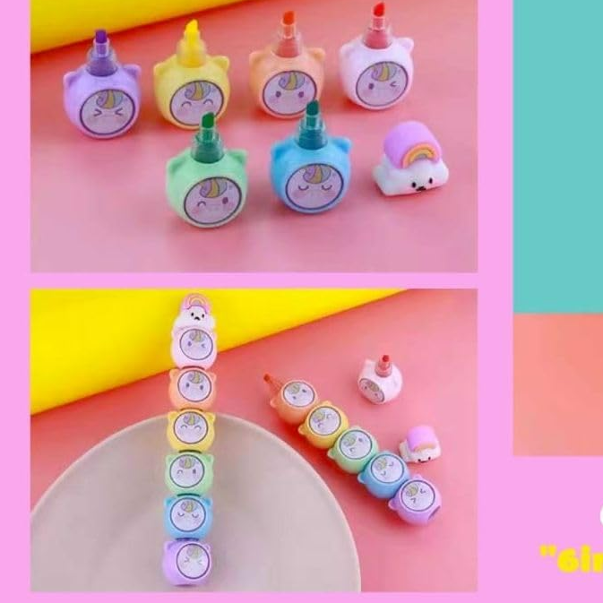 Set of six pastel colour highlighter pens for kids, each with a cute cartoon character design cap, perfect for school and creative work in www.usmile.toys
