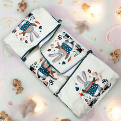 Cute elephant print 7-piece newborn baby bedding combo set for a cozy and playful nursery. Essential baby sleep set for infants and toddlers. www.usmile.com
