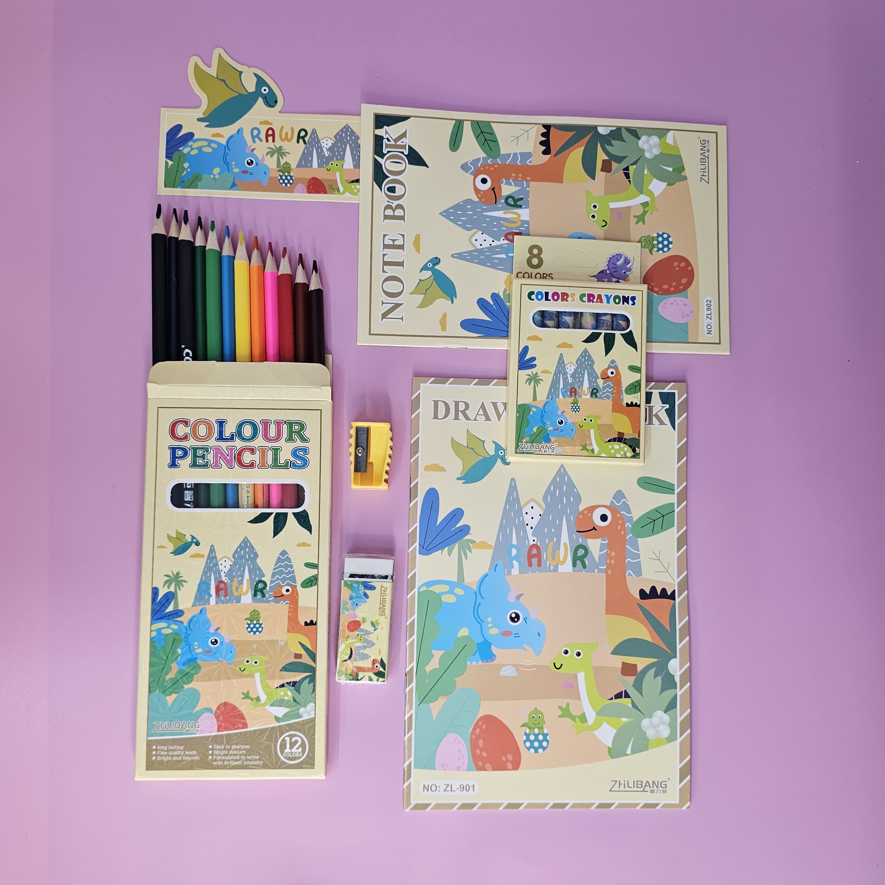 Dinosaur Themed Art Set for Children: Features color pencils, crayons, notebook, drawing book, sharpener, and fun dinosaur stickers. Kids' creative stationery.

www.usmile.toys