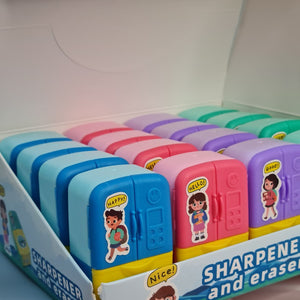 "Front view of four Usmile Toys 'Adorable Fridge-Shaped Eraser & Sharpener Set' items, showing their distinct colors and playful designs for children." www.usmile.toys