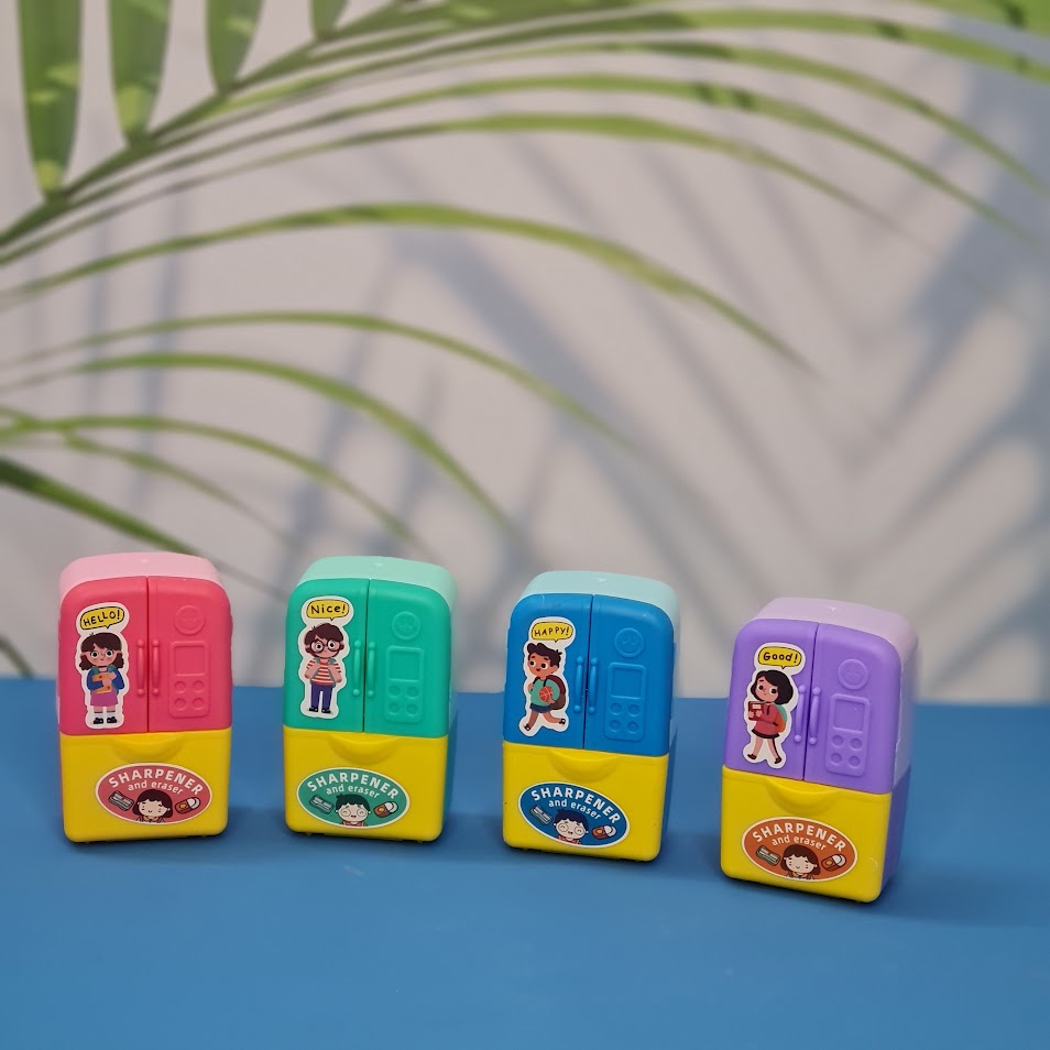 Set of four Usmile Toys adorable fridge-shaped sharpeners and erasers in pink, green, blue, and purple, each with cartoon character decals." www.usmile.toys