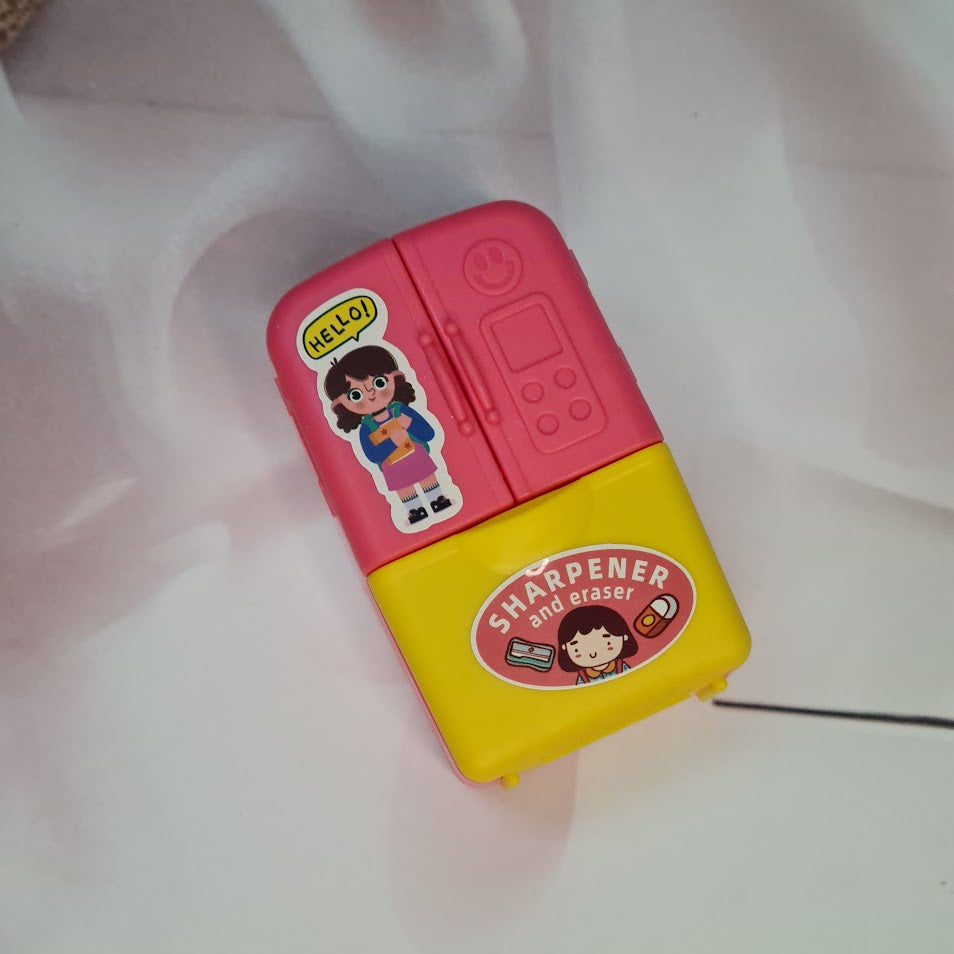Usmile Toys fun school supplies: a collection of colorful mini fridge-shaped sharpeners with 'SHARPENER' text and sweet cartoon figures." www.usmile.toys