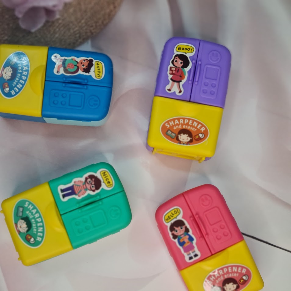Usmile Toys fun school supplies: a collection of colorful mini fridge-shaped sharpeners with 'SHARPENER' text and sweet cartoon figures." www.usmile.toys 