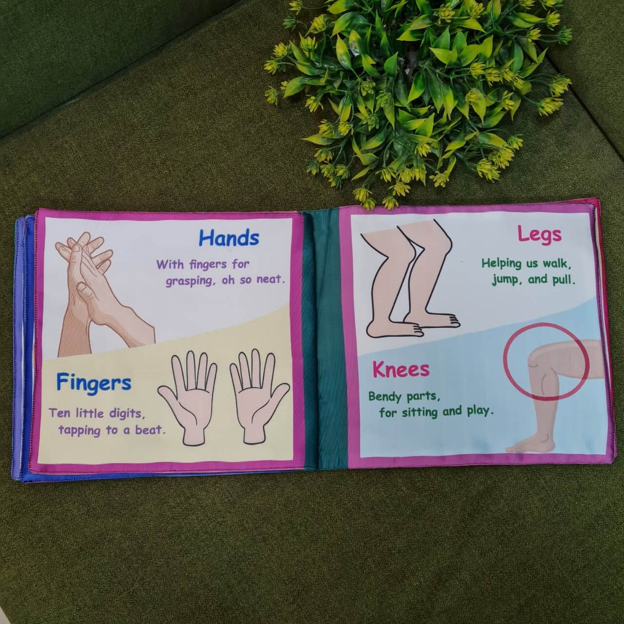 A "My Amazing Body: Head to Toe" fabric book by Kidogen, showing a cartoon child meditating with illustrations of body parts and organs around them.