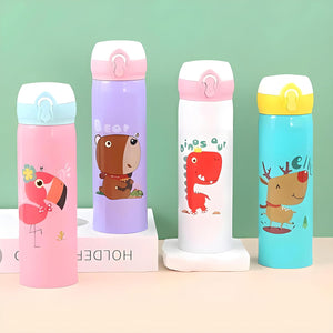 colorful stainless steel water bottles for kids with various animal designs: flamingo, bear, dinosaur, and deer. www.usmile.toys