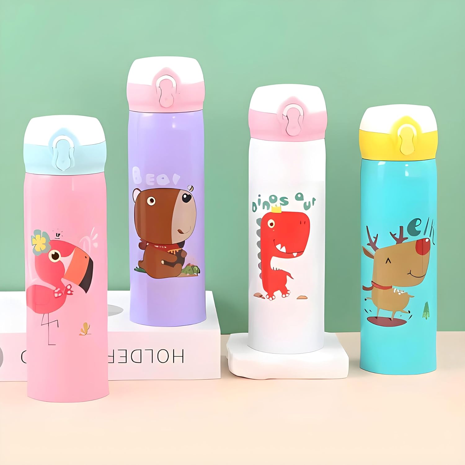 colorful stainless steel water bottles for kids with various animal designs: flamingo, bear, dinosaur, and deer. www.usmile.toys