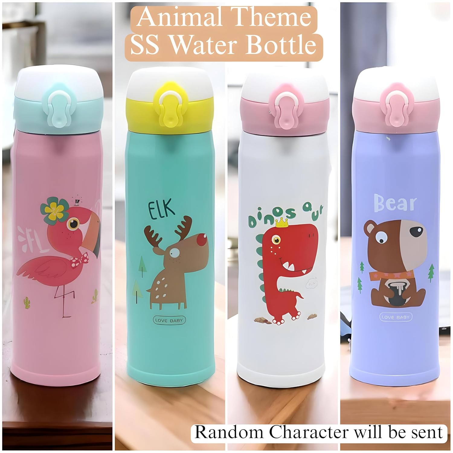 U Smile Toys insulated water bottles for children, featuring popular cartoon animal characters in pink, purple, white, and blue. www.usmile.toys