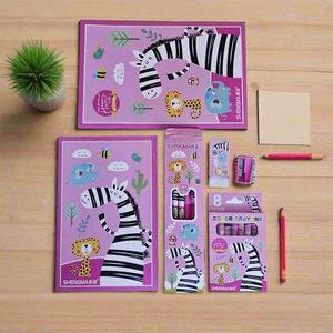 Fun animal print stationery kit for kids featuring zebras, lions, and elephants, a colourful set for school and creative activities in www.usmile.toys
