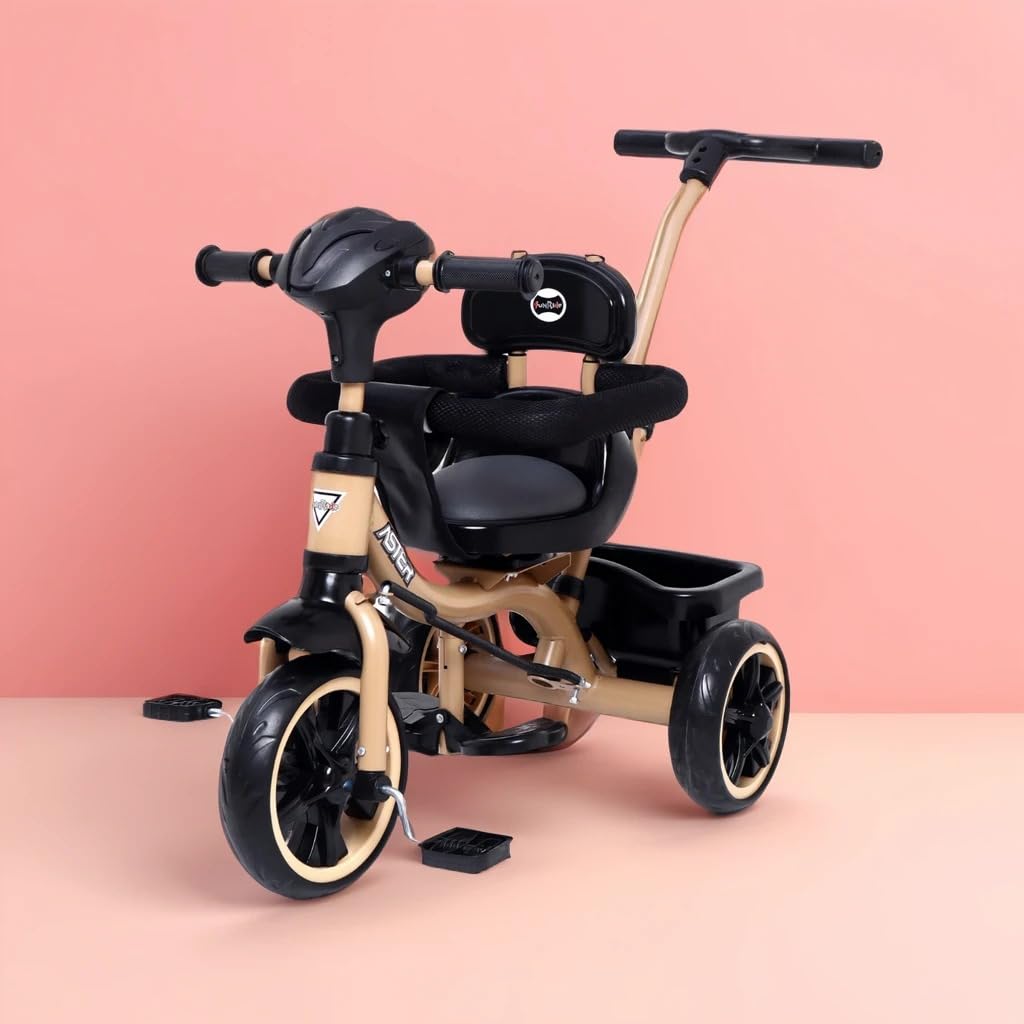 4-in-1 kids tricycle with parent push handle, black and beige, adaptable ride-on toy from www.usmile.toys