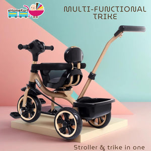 4-in-1 kids tricycle with parent push handle, black and beige, adaptable ride-on toy from www.usmile.toys