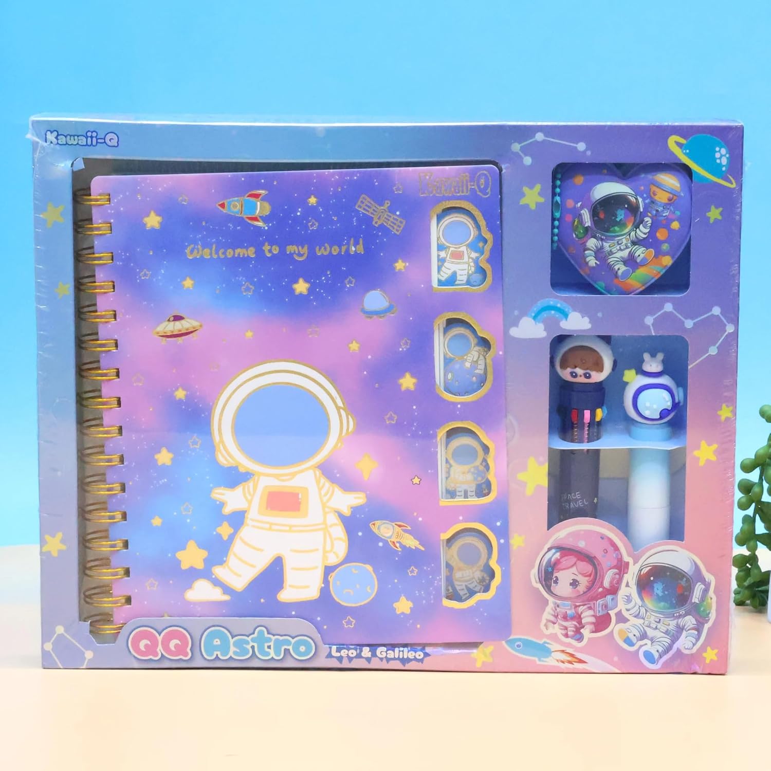 Cool astronaut theme A5 size diary for kids, a spiral-bound journal with a matching astronaut highlighter and a 10-in-1 multicolour pen, perfect for writing in www.usmile.toys.
