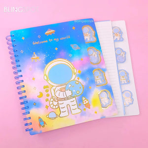 Stylish space astronaut design A5 notebook for kids with a spiral binding, includes an astronaut highlighter and a versatile 10-colour pen, ideal for journaling and note-takingin www.usmile.toys