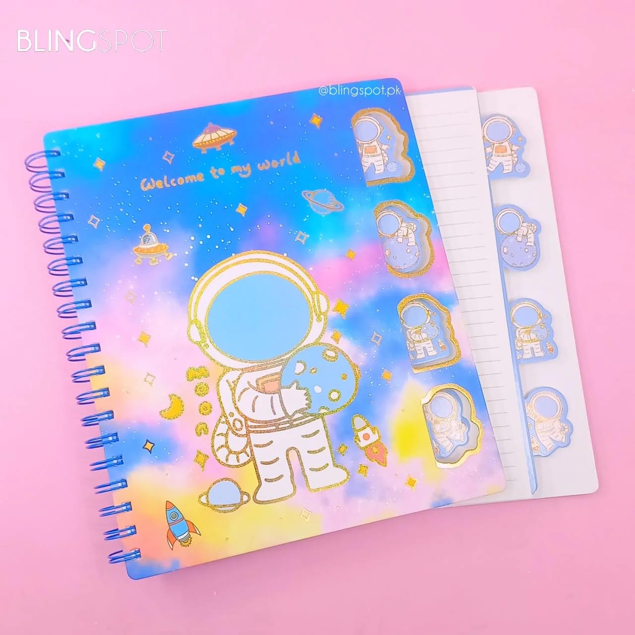Stylish space astronaut design A5 notebook for kids with a spiral binding, includes an astronaut highlighter and a versatile 10-colour pen, ideal for journaling and note-takingin www.usmile.toys