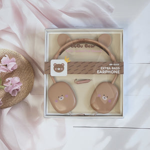 ute Rabbit wired headphones with bear face design on earcups, in a soft pink color, displayed on a white surface.           www.usmile.toys