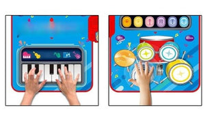 Top-down view of a colorful Usmile Toys Baby Piano Mat, designed for early learning with various instrument sounds and a portable drum and piano setup."
www.usmile.toys