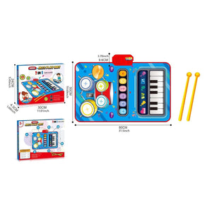 Usmile Toys musical activity mat for babies and toddlers, featuring a piano keyboard, drum set with cymbals, and interactive sound buttons." www.usmile.toys