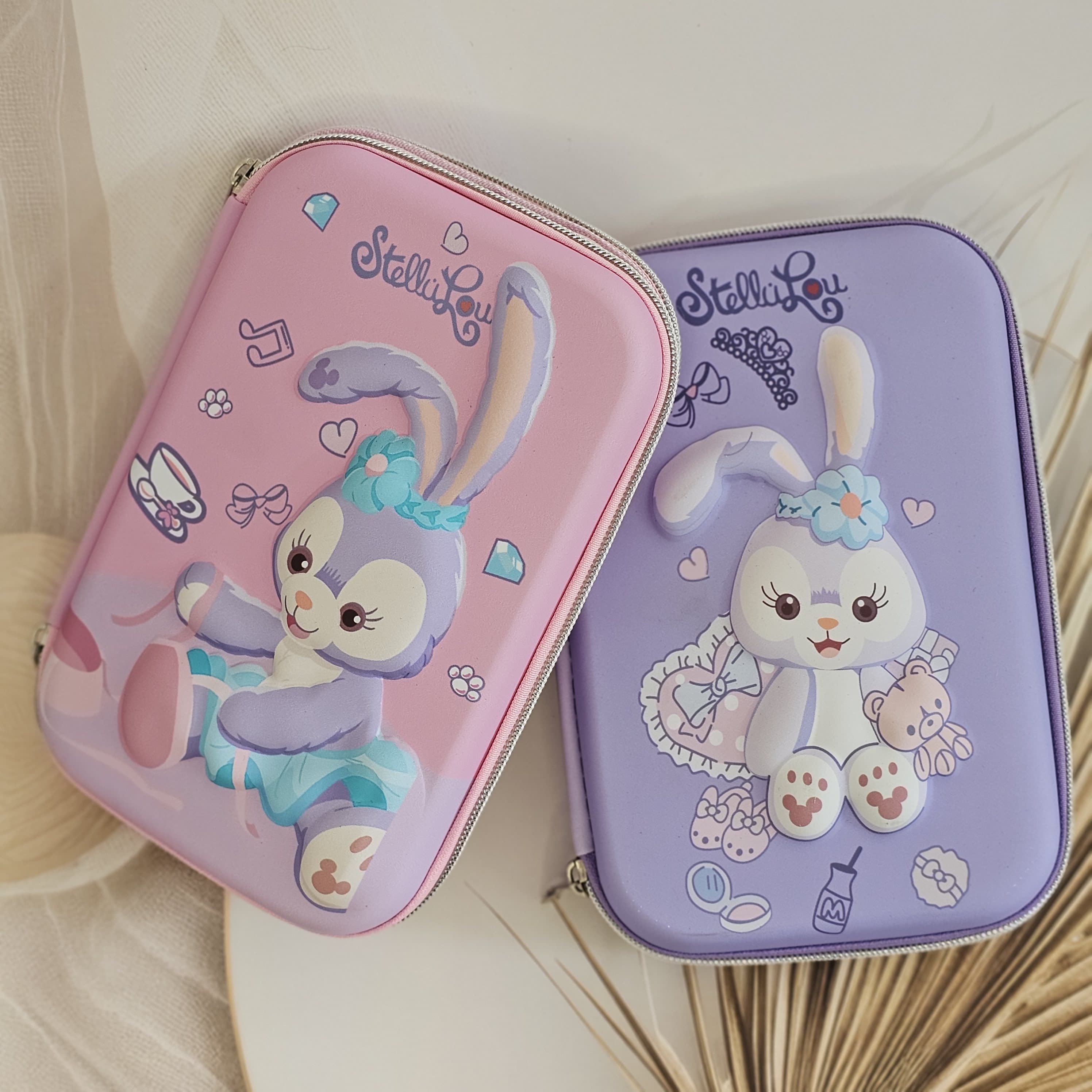Big Blister Girls PU Pencil Cases with bunny character, single chain zipper, pink and purple, shop at www.usmile.toys.