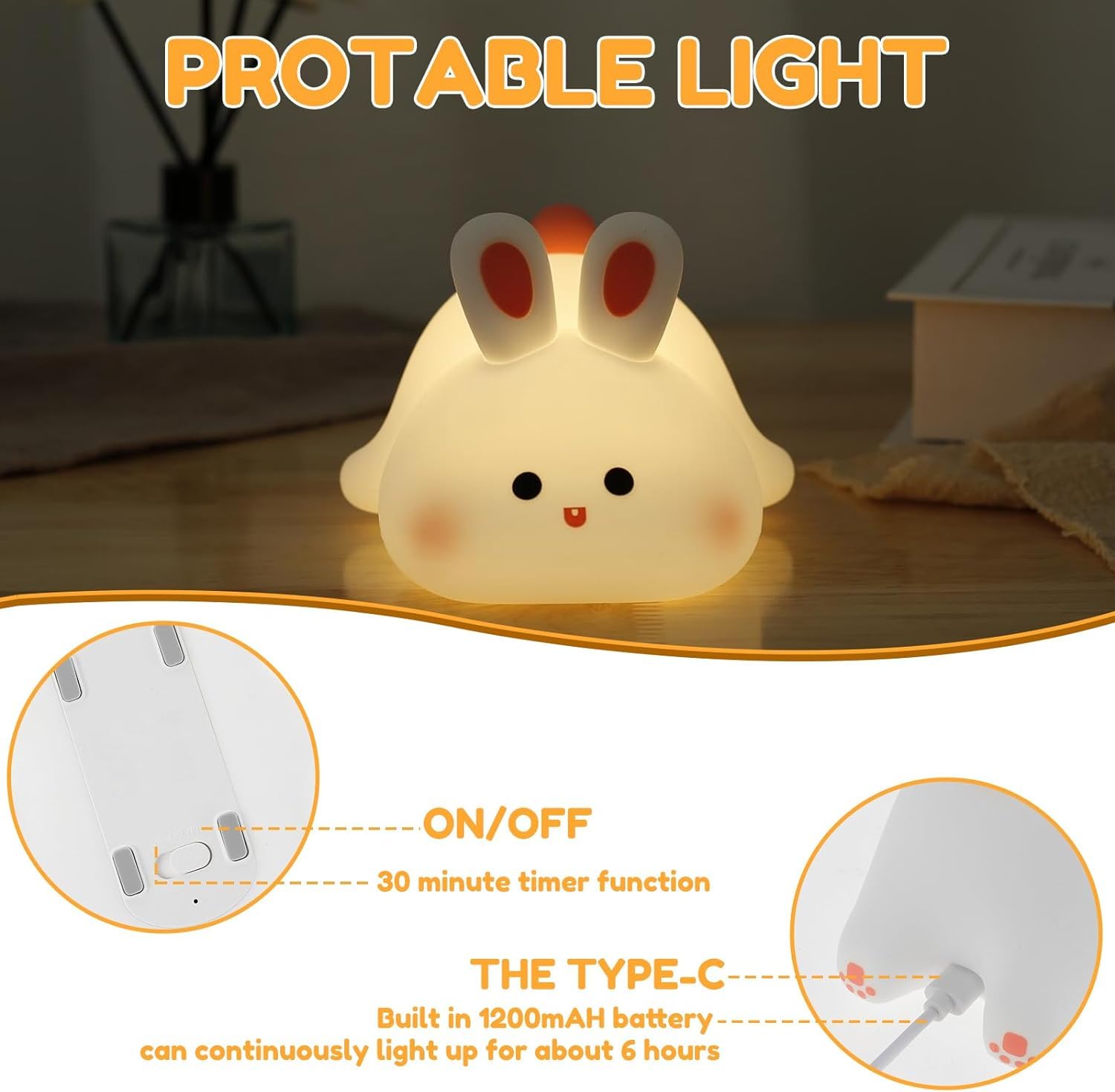 "Give a calming glow with this sweet silicone rabbit night light, perfect for kids' bedrooms. Its cute big face and soft material make it an ideal companion for bedtime from uSmile.toys www.usmile.toys