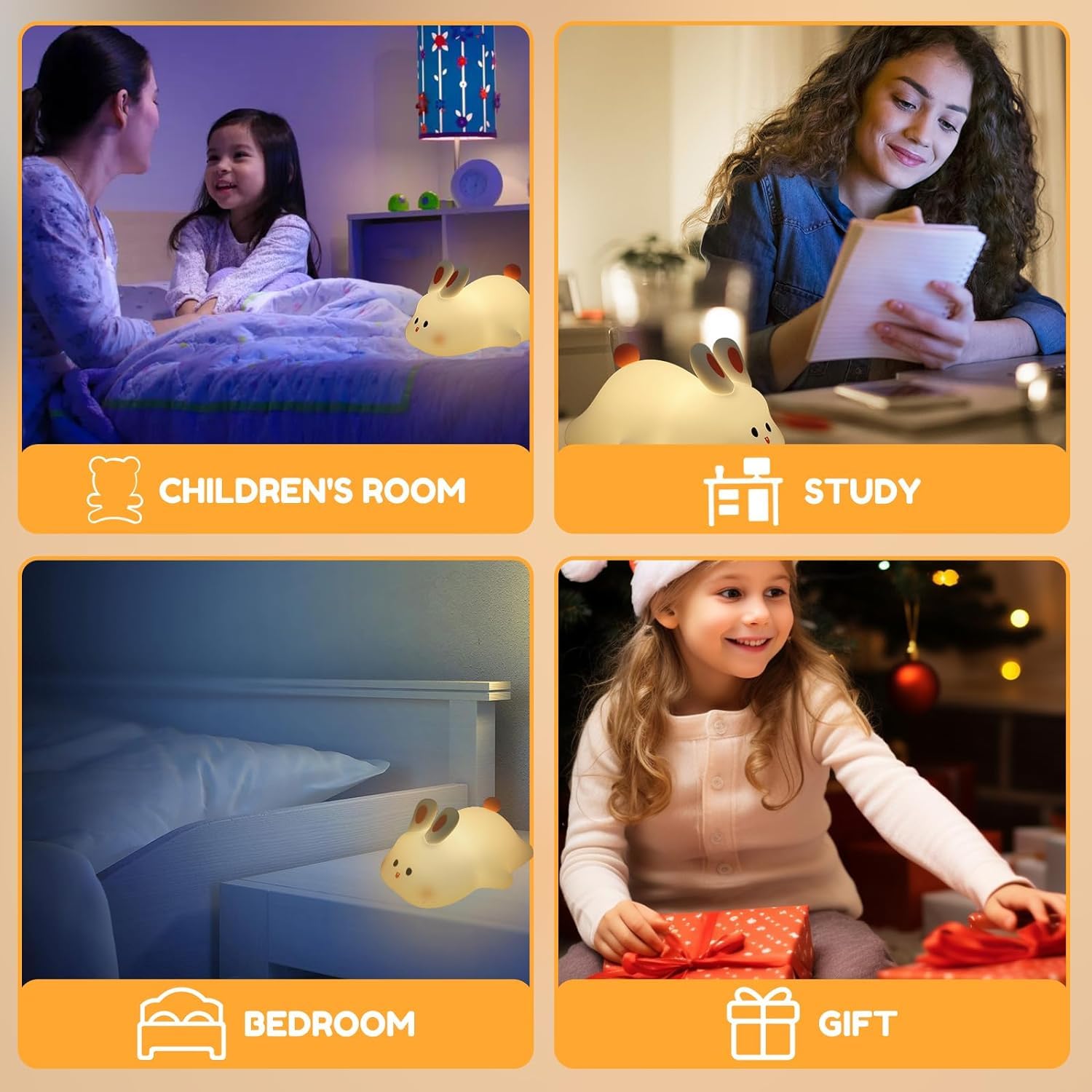 "Give a calming glow with this sweet silicone rabbit night light, perfect for kids' bedrooms. Its cute big face and soft material make it an ideal companion for bedtime from uSmile.toys www.usmile.toys