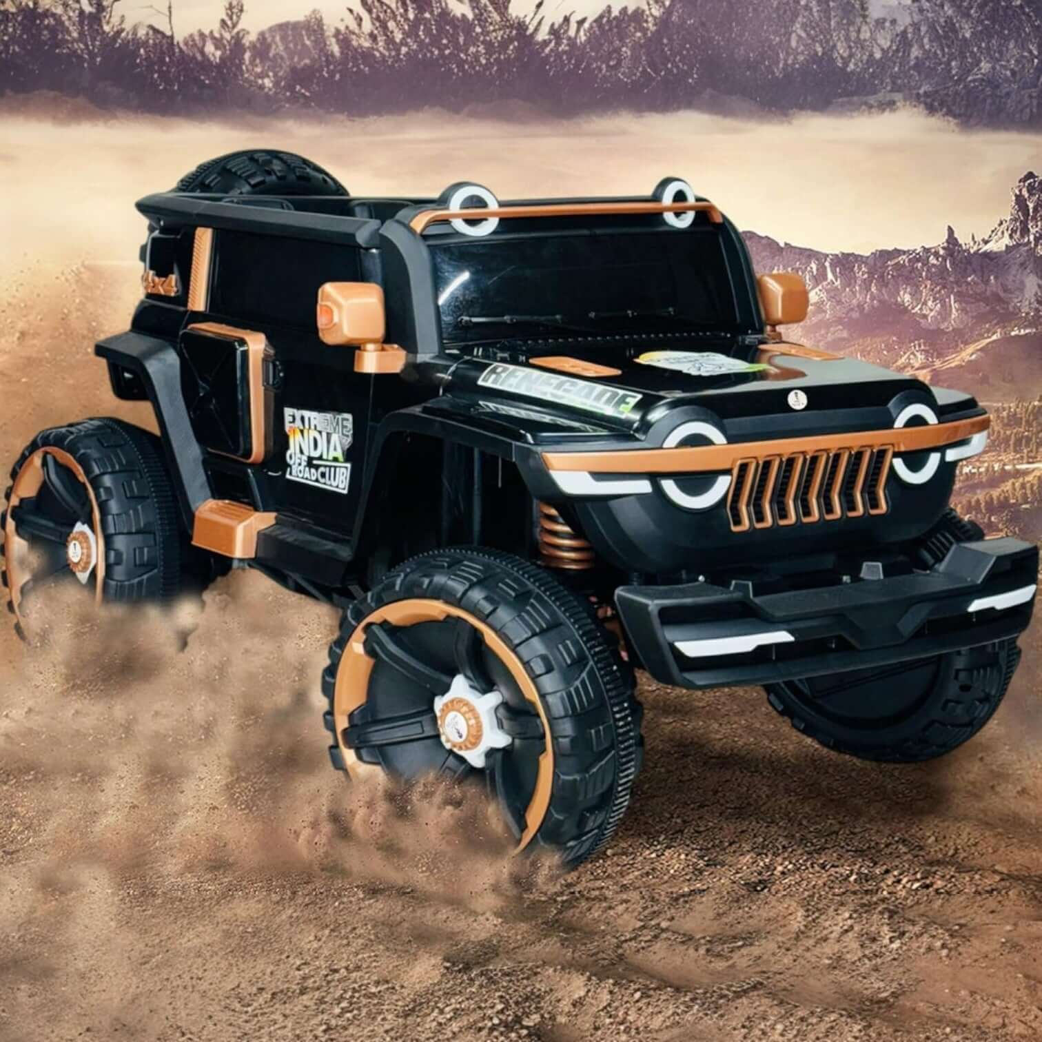Toy off-road vehicle on a dirt surface with a desert landscape in the background