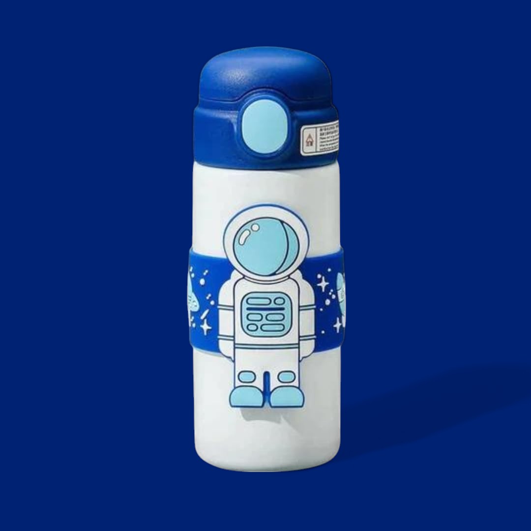 White stainless steel insulated water bottle for kids with a blue cap and a wrap-around blue band featuring an astronaut and space designs. 500 ML capacity. Ideal for hot or cold beverages for school and travel from uSmile.toys." www.usmile.toys
