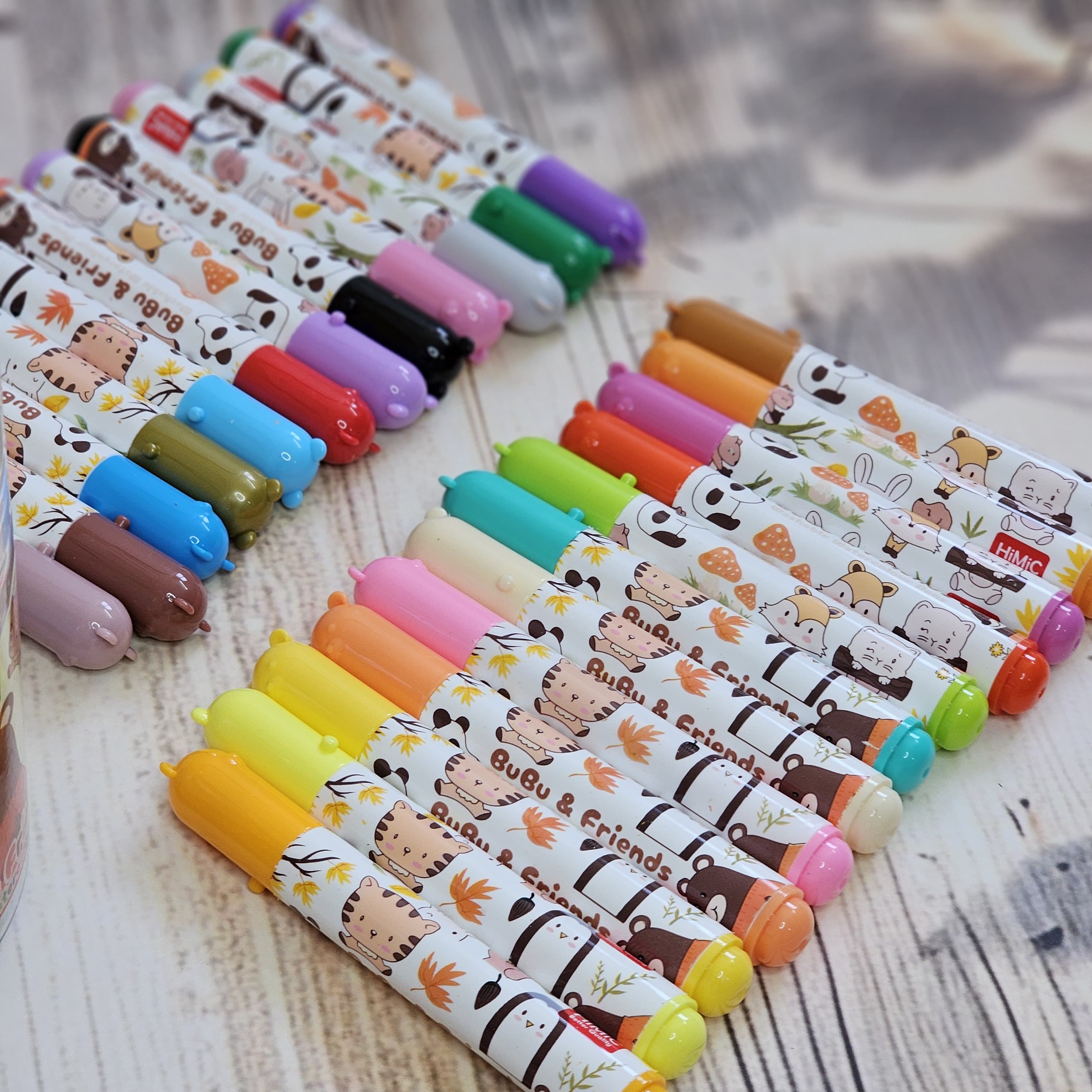 BuBu Friends 24-piece Washable Watercolor Pens set, featuring cartoon animal designs on each pen. www.usmile.com