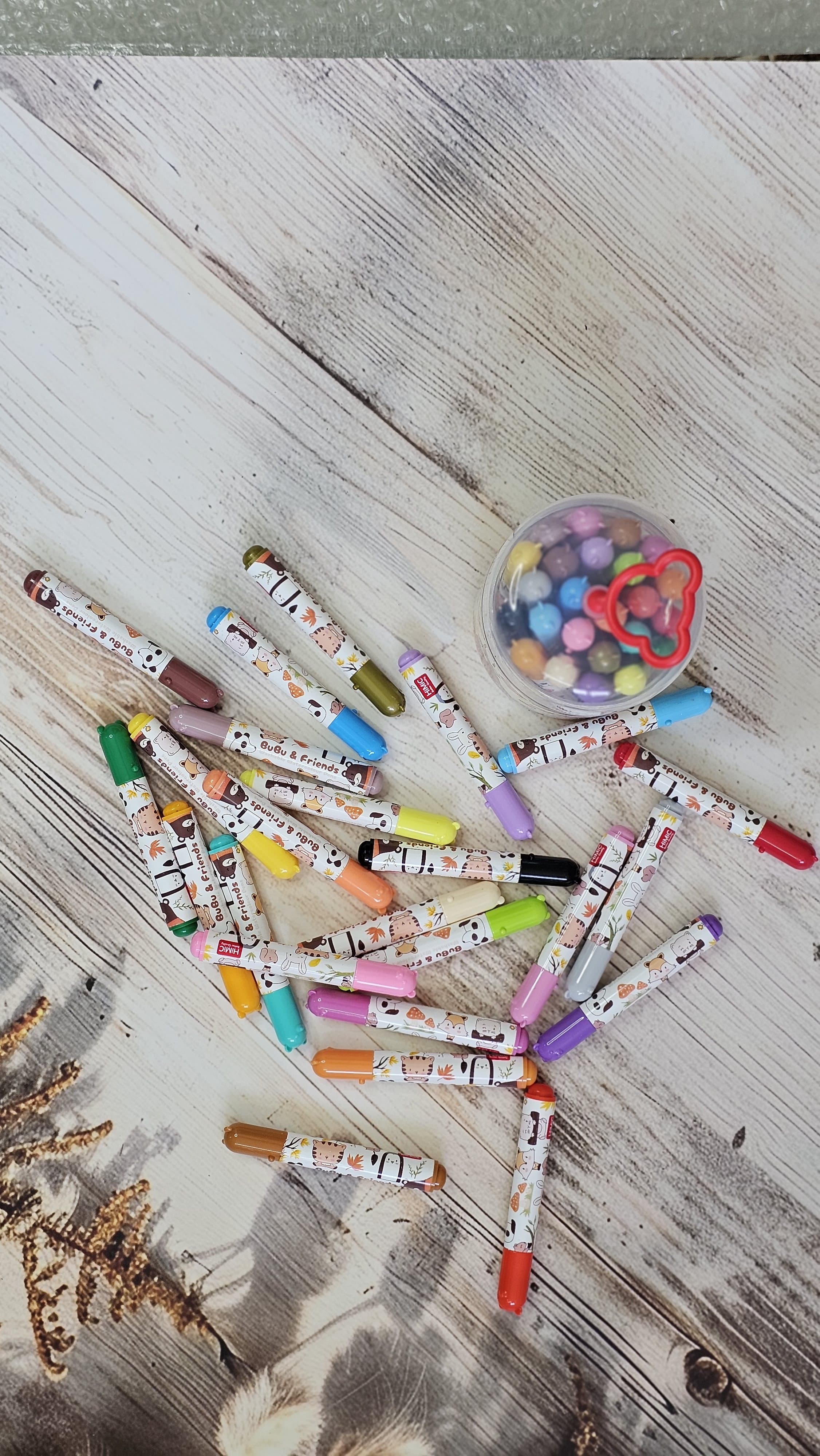 BuBu Friends 24-piece Washable Watercolor Pens set, featuring cartoon animal designs on each pen. www.usmile.toys