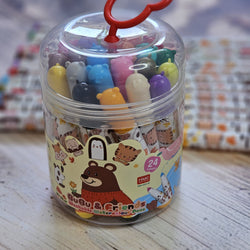 Watercolor pens with BuBu Friends characters, 24 vibrant and washable colors, arranged in rows on a surface. www.usmile.toys