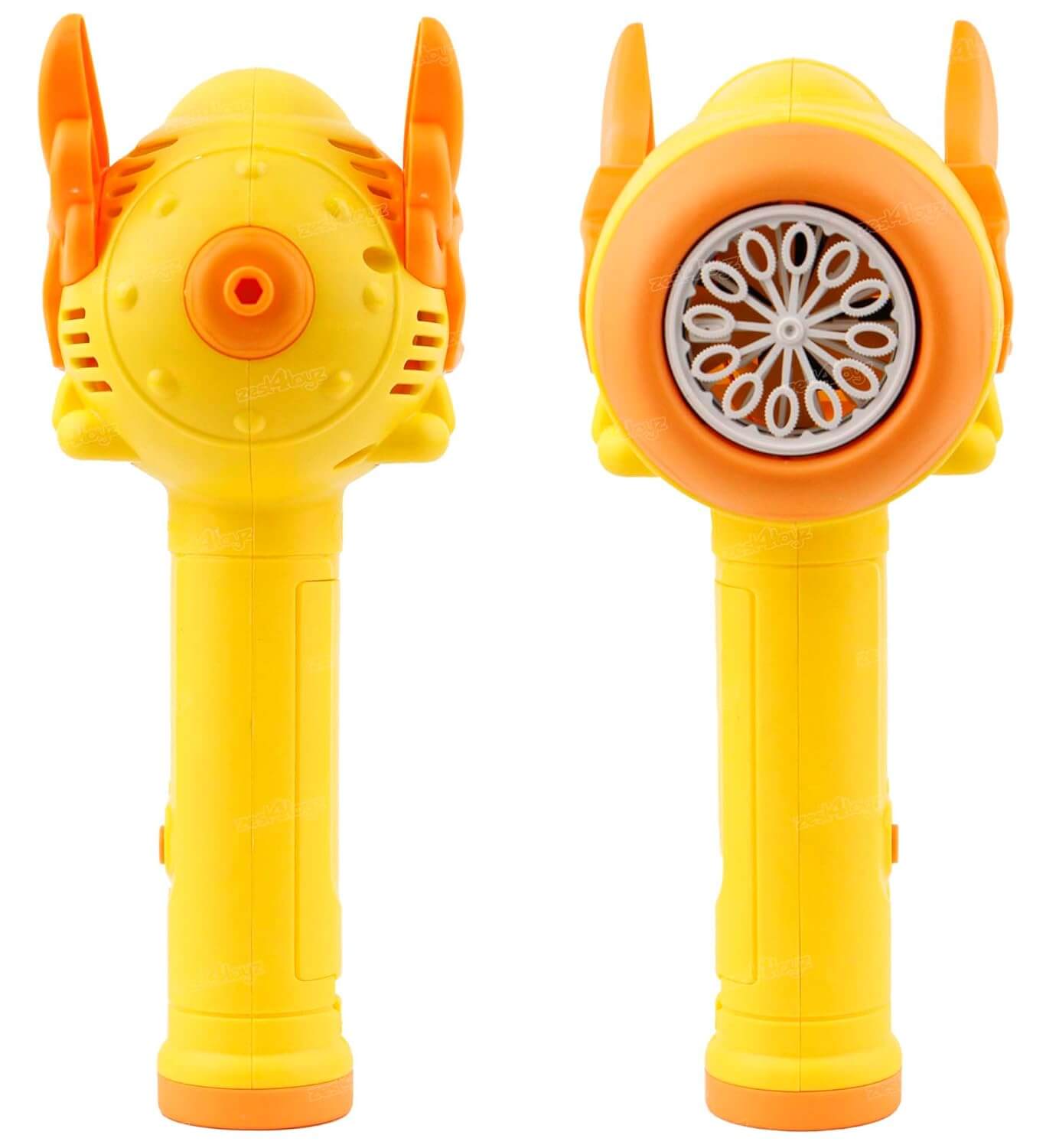 Two yellow and orange toy guns on a white background