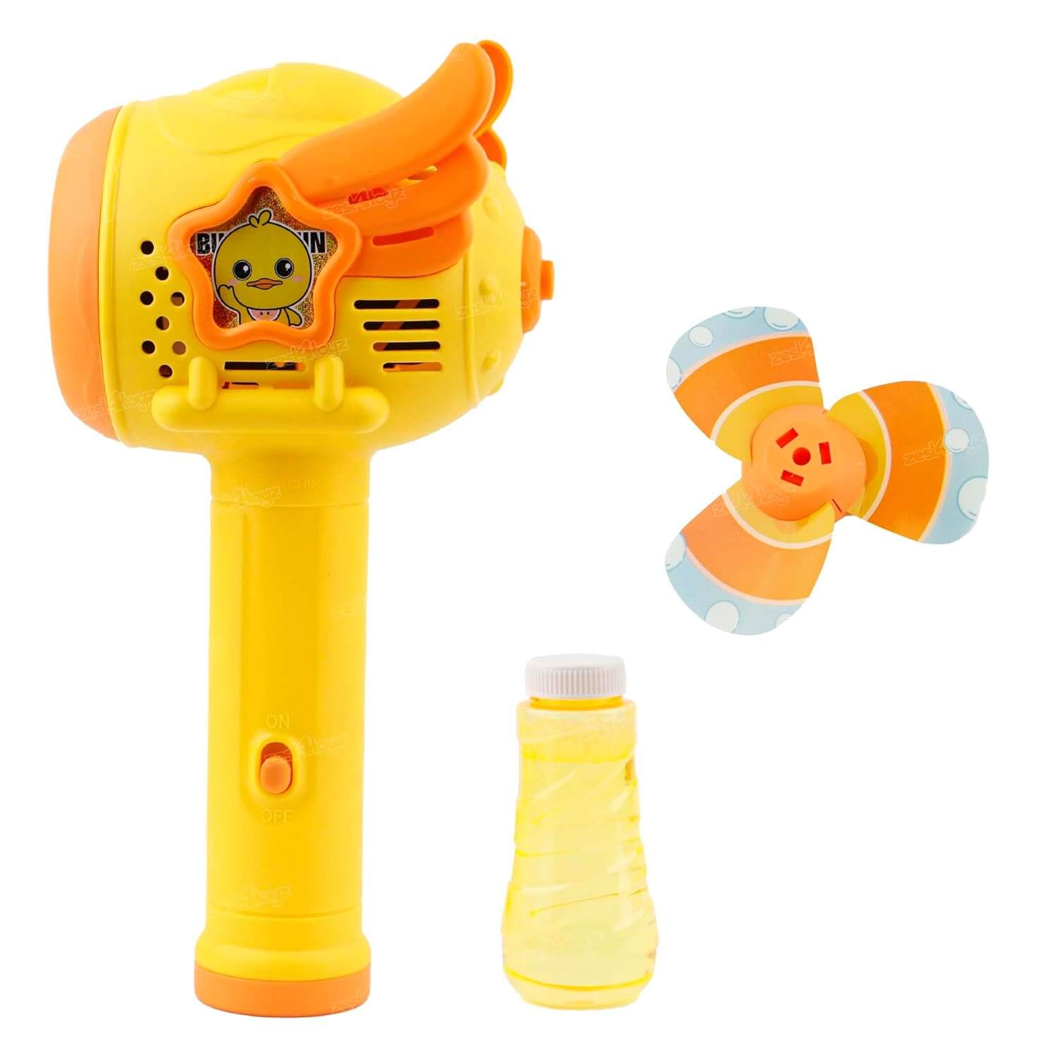 Yellow and orange toy bubble gun with bubble solution bottle on a white background
