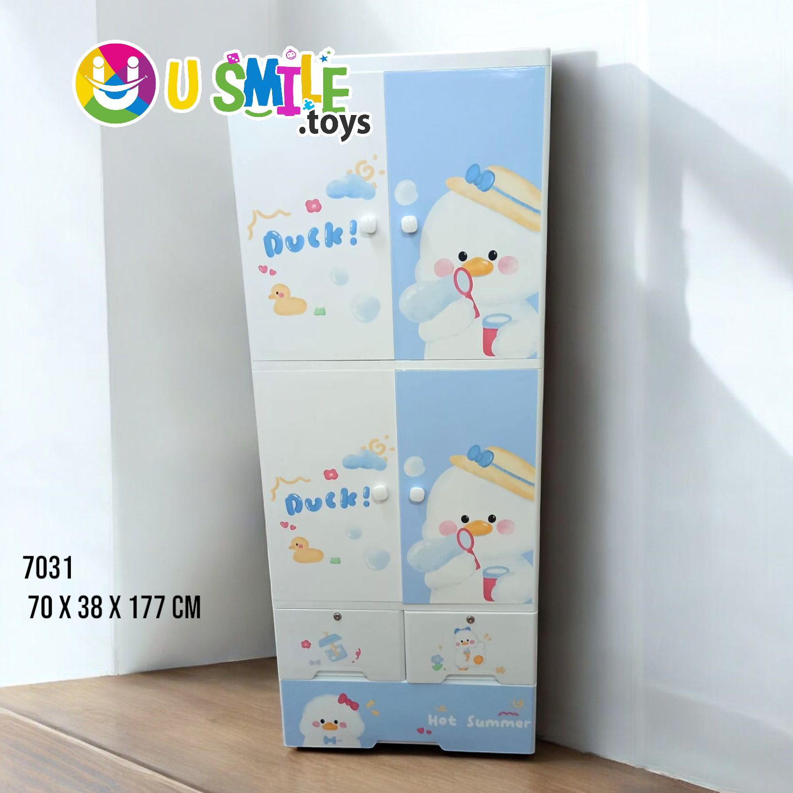 Cute Bubby Ducky baby wardrobe in white and blue, plastic almari with duck and baby character design, 70 x 38 x 177 cm, perfect for nursery storage." www.usmile.toys