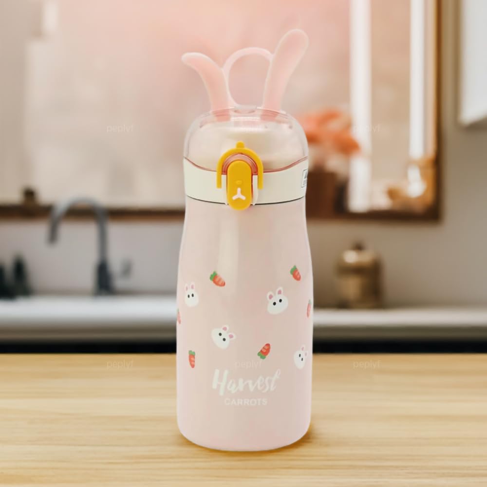 colorful bunny ears stainless steel water bottles for kids in blue, mint, pink, and beige, with cute rabbit designs. www.usmile.toys