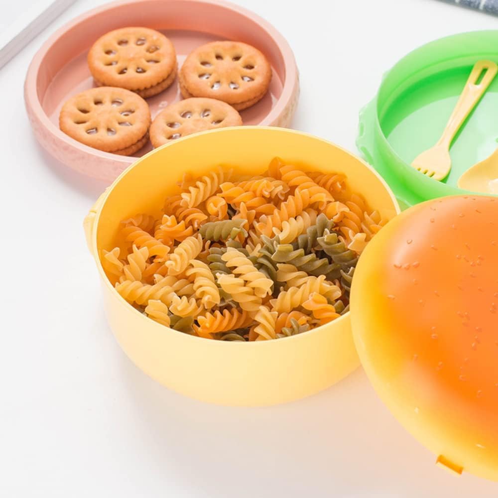 Round burger-shaped plastic tiffin box for kids, ideal for school lunch. www.usmile.toys