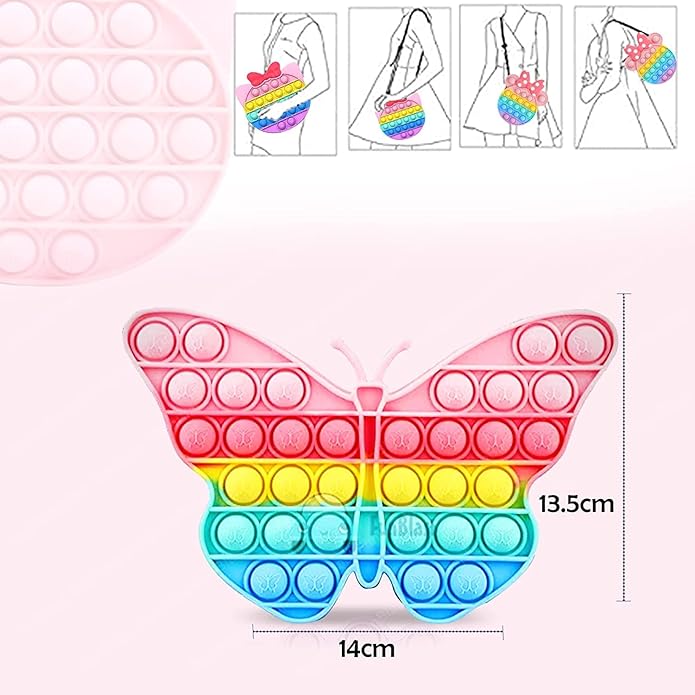 Usmile Toys Kids' rainbow butterfly Pop It fidget sling bag, featuring vibrant colors, shown with matching comb and character keychains." www.usmile.toys