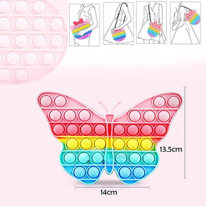 Usmile Toys Kids' rainbow butterfly Pop It fidget sling bag, featuring vibrant colors, shown with matching comb and character keychains." www.usmile.toys