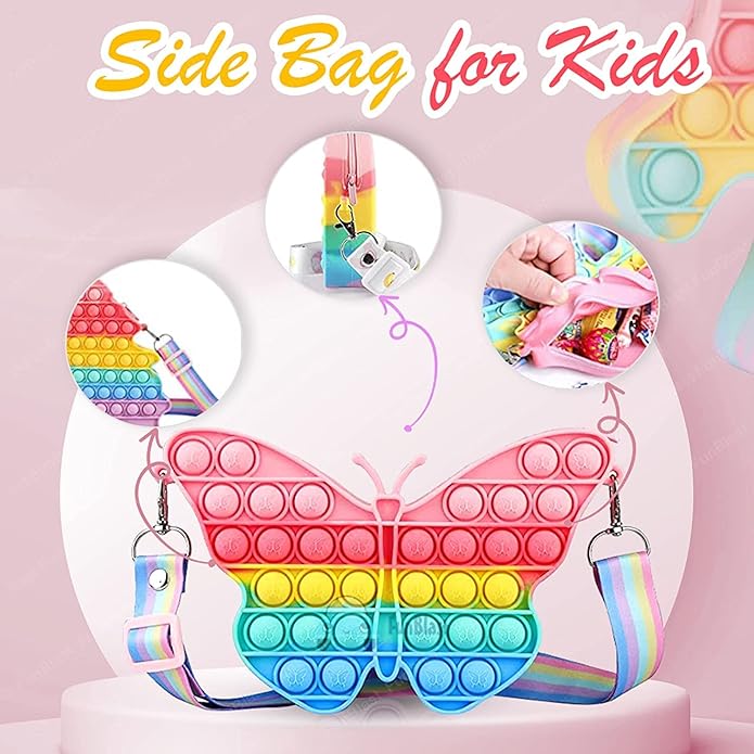 Usmile Toys Kids' rainbow butterfly Pop It fidget sling bag, featuring vibrant colors, shown with matching comb and character keychains." www.usmile.toys