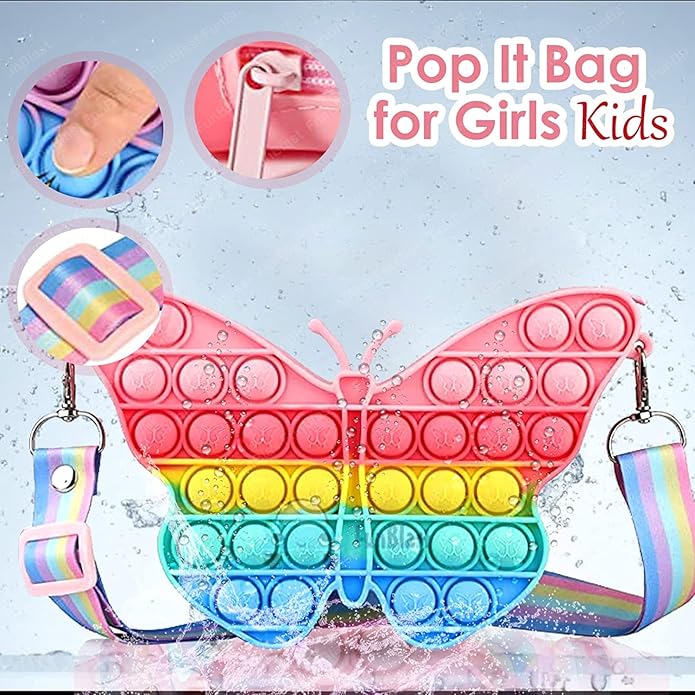 Usmile Toys Kids' rainbow butterfly Pop It fidget sling bag, featuring vibrant colors, shown with matching comb and character keychains." www.usmile.toys
