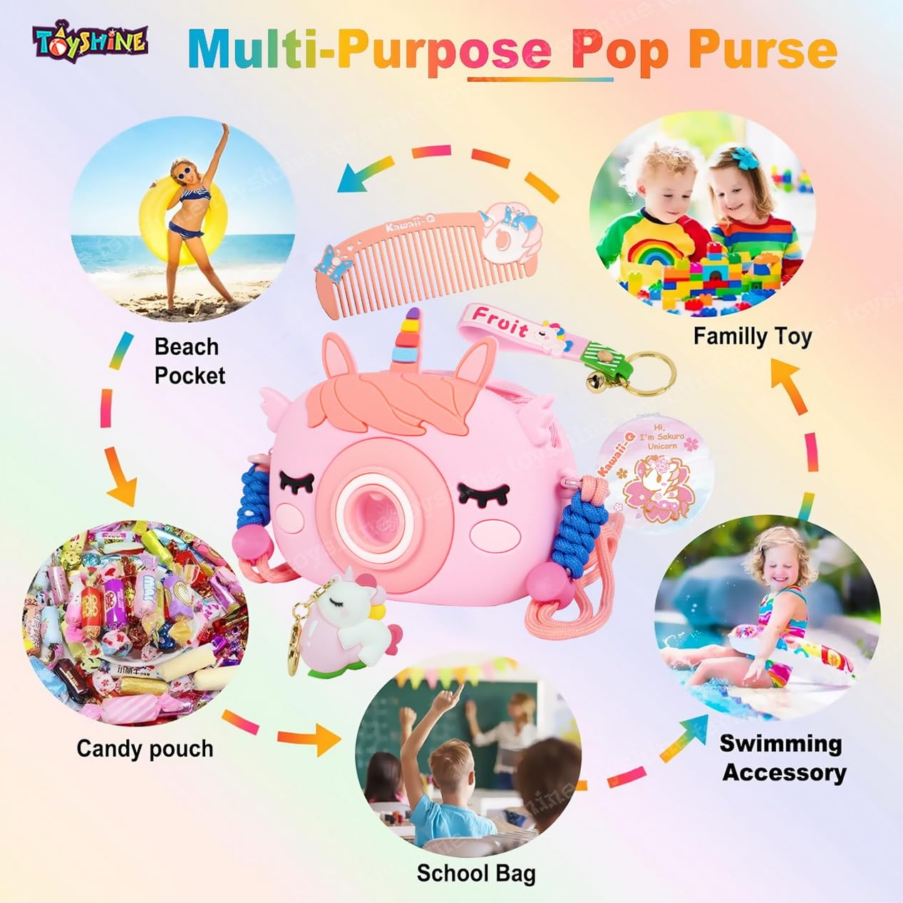 "Usmile Toys Kids' pink camera-shaped silicone bag featuring a unicorn horn and ears, displayed with matching unicorn comb and keychains." www.usmile.toys