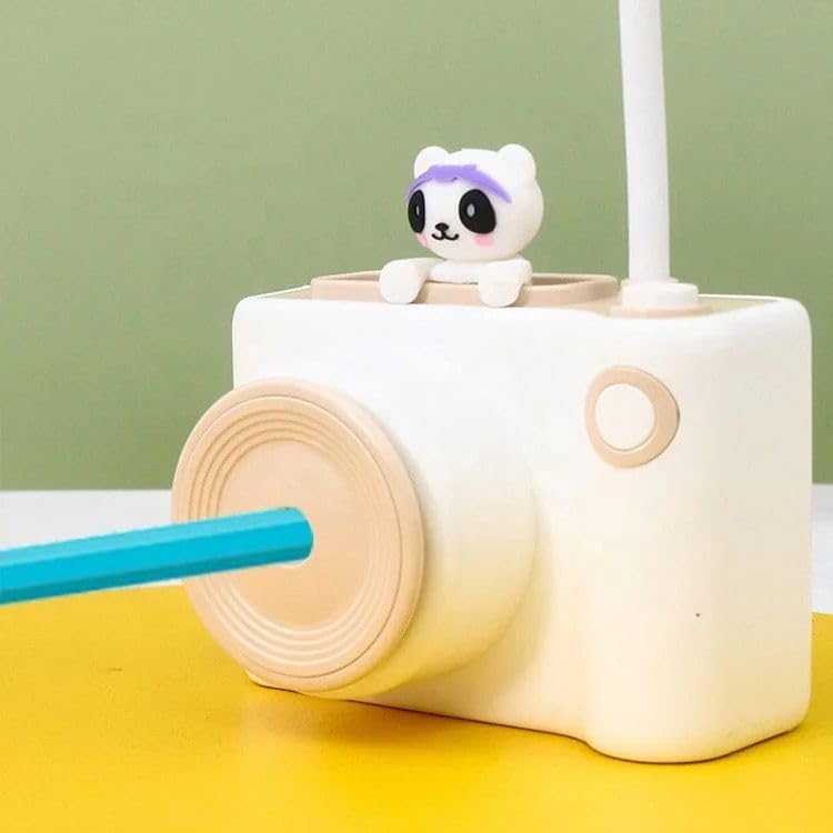Two cute camera-shaped study desk LED lamps for kids, one peach and one light blue, each featuring a pencil holder and a built-in pencil sharpener. Ideal for reading and organizing stationery from uSmile.toys." www.usmile.toys