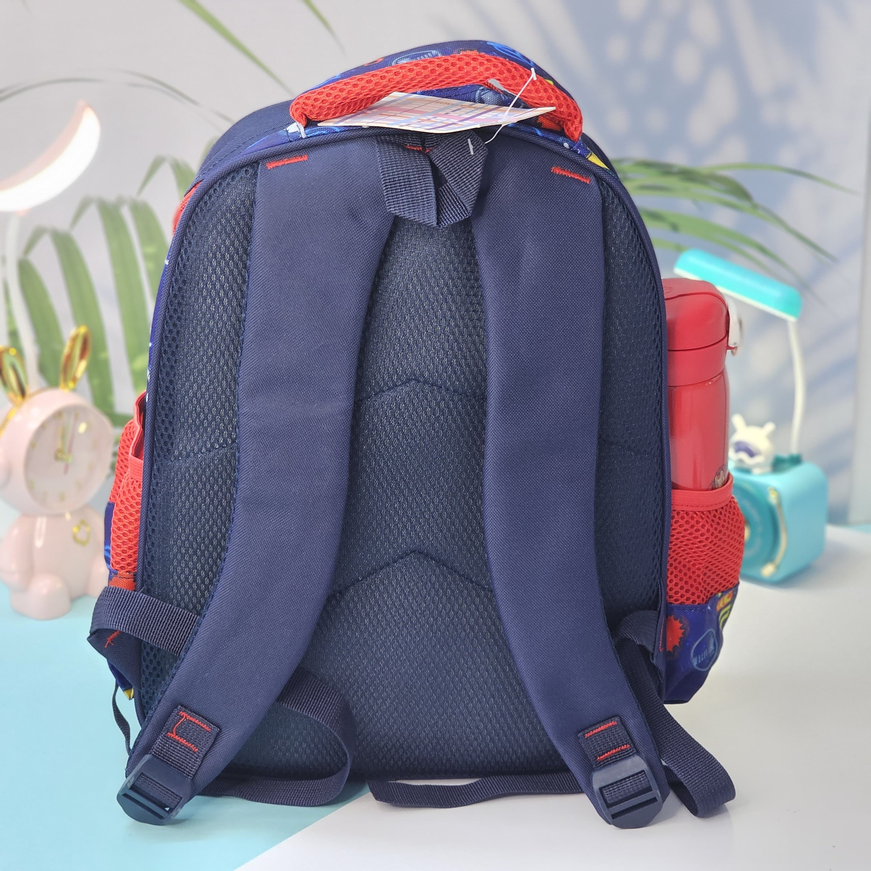 Vibrant blue children's backpack featuring large Iron Man and Thor graphics, with a red trim and side mesh pocket, perfect for kids by Usmile Toys.