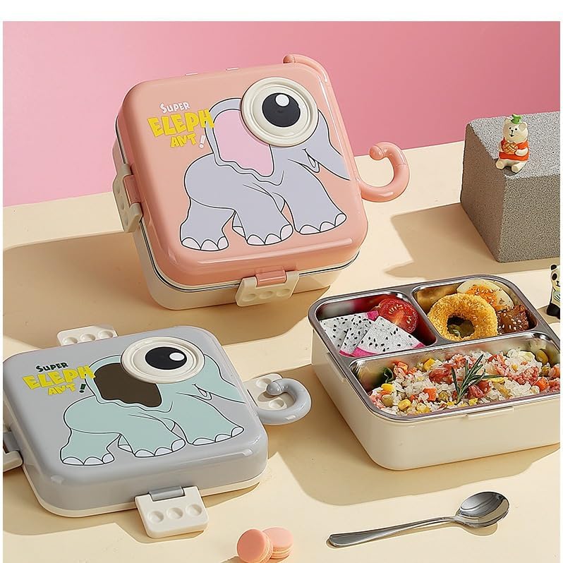 Super Elephant 3 compartment Stainless steel lunch box for kids. These stylish and durable lunch containers are ideal for school, office, and travel use. Available at www.usmile.toys, your trusted online store for toys, kids stationery, return gifts, baby products, and essentials. Enhance your lunchtime experience with our leakproof, multi-compartment bento boxes designed for easy packing and freshness retention