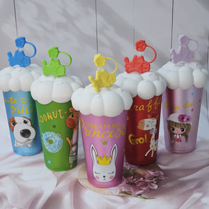 Set of five colorful Usmile Toys Cartoon Insulated Fancy Sippers for kids, each with unique animal or character designs and whimsical cloud-shaped lids with decorative straw toppers." www.usmile.toys