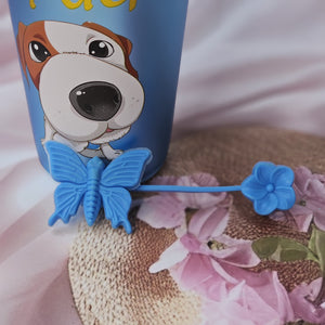 Front view of five Usmile Toys kids' insulated cups, each with a different cartoon design (pug, donut, bunny, giraffe, girl) and a distinctive cloud-like lid with a matching character straw topper." www.usmile.com