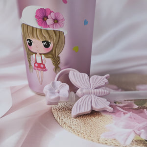 Usmile Toys 'Fun & Functional' kids' drinkware: a mix of insulated cartoon tumblers in blue, green, pink, red, and purple, featuring a pug, donut, bunny, giraffe, and girl design respectively, all with white cloud lids." www.usmile.toys