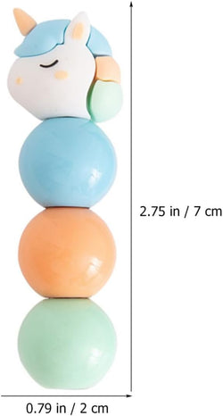 Mini highlighters shaped like unicorns with round ball segments, showing three different color combinations."  www.usmile.toys